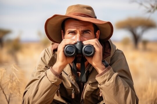 Hiker looking through binoculars in the Okavango Delta, Botswana
