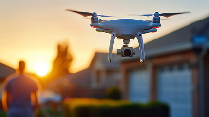 A drone hovering in a residential area during a golden sunset with a person in the background