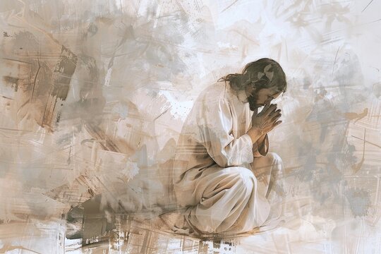 Digital oil painting of Jesus Christ praying on his knees, on white paint background.
