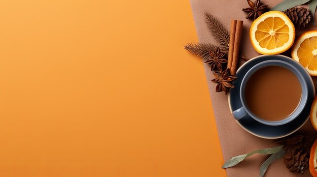 Top view photo of autumn composition knitted scarf cup of tea maple leaves pine cones dried lemon slices cinnamon sticks and bowl with cookies on isolated pastel orange background with blank space