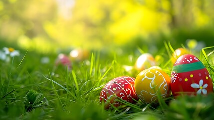 hand painted Easter eggs in beautiful nature landscape in spring. Easter eggs on the fresh green meadow