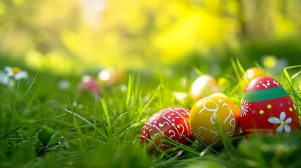 Foto op Canvas hand painted Easter eggs in beautiful nature landscape in spring. Easter eggs on the fresh green meadow © Zain