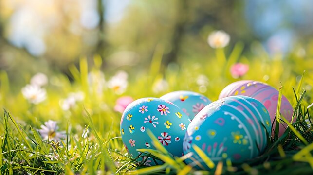 hand painted Easter eggs in beautiful nature landscape in spring. Easter eggs on the fresh green meadow