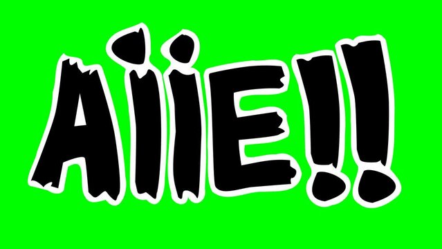 Appearance of an onomatopoeia in black and white with the word "aiie" followed by 2 exclamation points indicating pain on a green background, transparent background, with alpha channel and mask