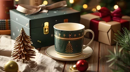 Fotobehang Refined Christmas care box coffee cup, gift and xmas ornament. Corporate or personal present for cooking lovers, foodies and gourmands. © Ziyan