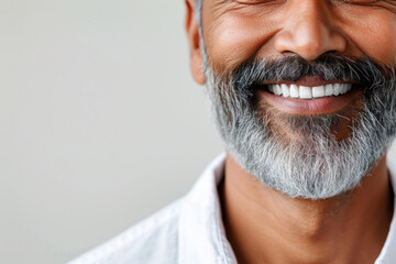 Joyful mature man with beard smiling against neutral background. Positive aging and well-being. - obrazy, fototapety, plakaty