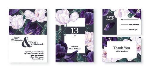 Spring, fashionable, greeting or invitation card, template design with tulips. Blooming white and dark blue tulips in realistic style with high detail. Set of poster, brochure, cover, advertisement.