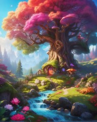 3D isometric illustration dream world of cute gnome in a magical forest fairytale colorful kingdoms for comic book