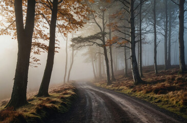 dirt road in the forest morning fog	