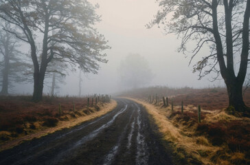 Fototapeta na wymiar dirt road in the forest morning fog 