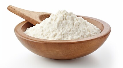 Fototapeta na wymiar Wooden bowl with flour and flour spoon. Rice or wheat flour isolated on white background. top view