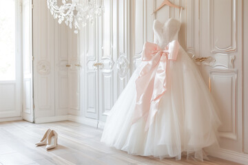 Fototapeta na wymiar Wedding dress with a large pink bow hangs in an elegant white room with a crystal chandelier, near a pair of bridal shoes placed on the wooden floor,