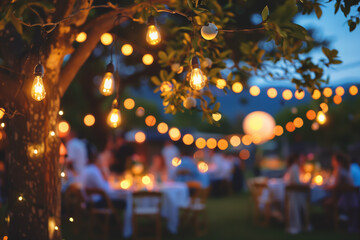 Close up of warm outdoor light bulbs with wedding reception blurred in background. - obrazy, fototapety, plakaty