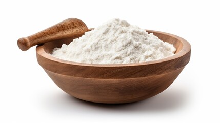 Fototapeta na wymiar Wooden bowl with flour and flour spoon. Rice or wheat flour isolated on white background. top view