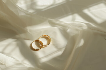 Two golden wedding rings placed on a white surface with a soft shadow pattern, suggestive of sunlight filtering through sheer curtains.
