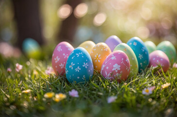 Fototapeta na wymiar easter eggs background in the garden