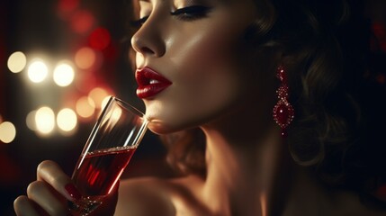 Closeup of Beautiful Woman Drinking Red Wine Cocktail Red Lips Merlot Cabernet Sauvignon Pinot Noir Malbec Petite Sirah Madiran Barbera Cannonau Lifestyle Concept 16:9