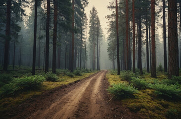 dirt road in the fir forest mountains