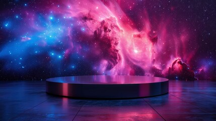 Empty podium with gradient neon light on background with night starry landscape.