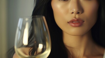 Closeup of Asian Woman Drinking White Wine Red Lips Chardonnay Sauvignon Blanc Riesling Pinot Gris Moscato Lifestyle Concept 16:9 - obrazy, fototapety, plakaty