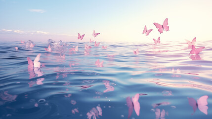 Papillons roses volant au dessus de l'eau. Lumière, reflet, couleurs. Ambiance magique, naturelle. Beauté et calme. Pour conception et création graphique - obrazy, fototapety, plakaty