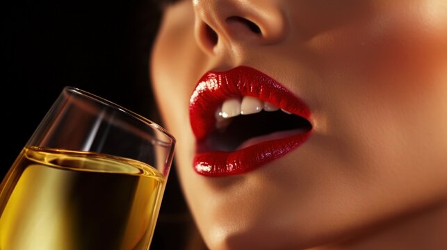 Closeup of Woman Drinking White Wine Red Lips Chardonnay Sauvignon Blanc Riesling Pinot Gris Moscato Lifestyle Concept 16:9