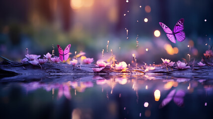 Papillons violets volant au dessus de l'eau. Lumière, reflet, couleurs. Ambiance magique, naturelle. Beauté et calme. Pour conception et création graphique - obrazy, fototapety, plakaty