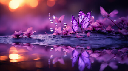 Papillons violets volant au dessus de l'eau. Lumière, reflet, couleurs. Ambiance magique, naturelle. Beauté et calme. Pour conception et création graphique - obrazy, fototapety, plakaty