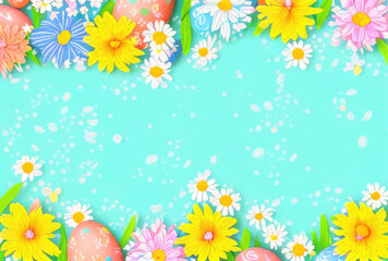 Playful easter illustration with flowers and eggs, generative ai
