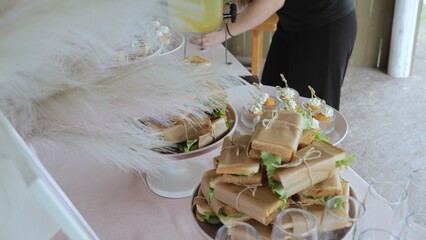 Buffet and snacks at a business event. Beautiful table setting in a restaurant. Preparation for the holiday, table setting by the waiter. Snacks on the table, catering concept.