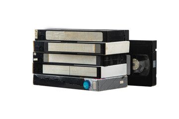 Pile of VHS video cassettes. Vintage media. Isolate on a white back.