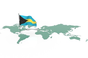 Mappa Terra con evidenziato la nazione Bahamas e bandiera al vento © albasu