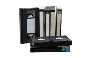 Pile of VHS video cassettes. Vintage media. Isolate on a white back.