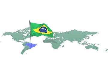 Mappa Terra con evidenziato la nazione Brazil e bandiera al vento