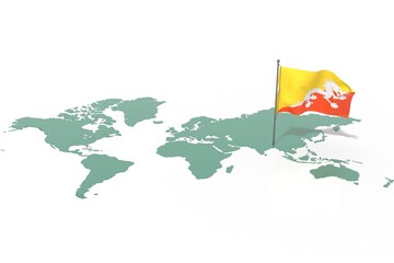 Mappa Terra con evidenziato la nazione Bhutan e bandiera al vento © albasu