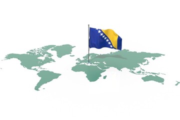 Mappa Terra con evidenziato la nazione Bosnia e bandiera al vento © albasu