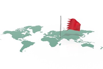 Mappa Terra con evidenziato la nazione Bahrein e bandiera al vento © albasu