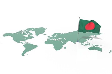 Mappa Terra con evidenziato la nazione Bangladesh e bandiera al vento © albasu