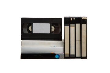 Pile of VHS video cassettes. Vintage media. Isolate on a white back.