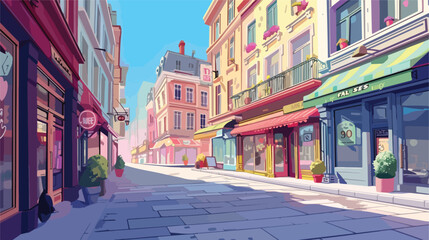 Street of shop buildings background vector illustration - obrazy, fototapety, plakaty