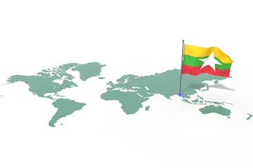 Mappa Terra con evidenziato la nazione Burma e bandiera al vento