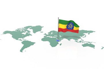 Mappa Terra con evidenziato la nazione Ethiopia e bandiera al vento © albasu