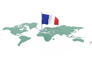 Mappa Terra con evidenziato la nazione France e bandiera al vento © albasu