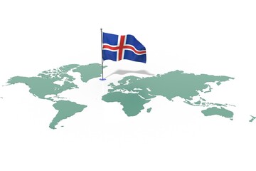 Mappa Terra con evidenziato la nazione Iceland e bandiera al vento © albasu