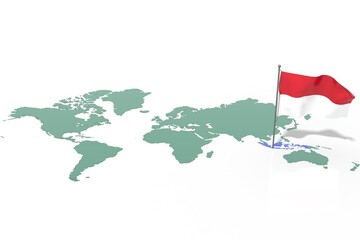 Mappa Terra con evidenziato la nazione Indonesia e bandiera al vento © albasu