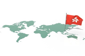 Mappa Terra con evidenziato la nazione Hong Kong e bandiera al vento