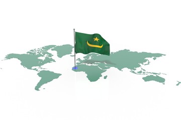 Mappa Terra con evidenziato la nazione Mauritania e bandiera al vento © albasu