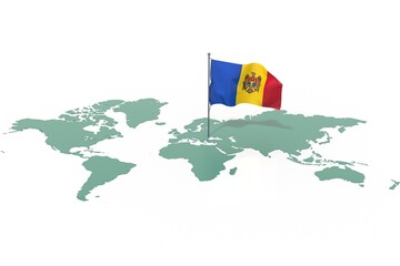 Mappa Terra con evidenziato la nazione Moldova e bandiera al vento