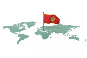 Mappa Terra con evidenziato la nazione Montenegro e bandiera al vento © albasu