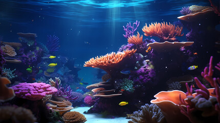 Colorful tropical coral reef with various marine species